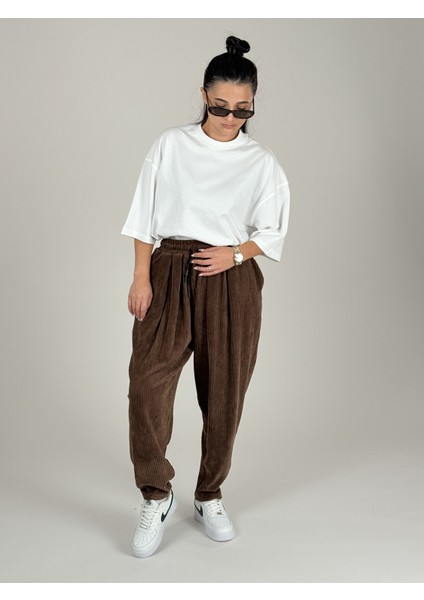 Kahve Pileli Kadife Kadın Jogger Pantolon COC1087 modelleri