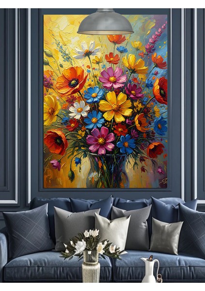Renkli Bahar Çiçekleri Cam Vazo Dekoratif Kanvas - Mdf Ahşap Tablo