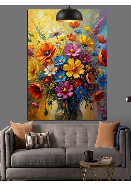 Renkli Bahar Çiçekleri Cam Vazo Dekoratif Kanvas - Mdf Ahşap Tablo fiyatları