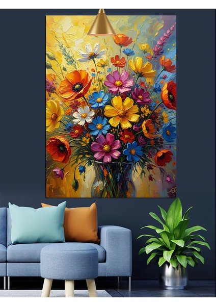 Renkli Bahar Çiçekleri Cam Vazo Dekoratif Kanvas - Mdf Ahşap Tablo modelleri