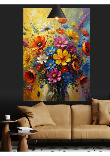 Renkli Bahar Çiçekleri Cam Vazo Dekoratif Kanvas - Mdf Ahşap Tablo fırsatları