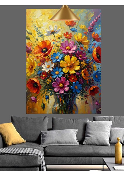 Renkli Bahar Çiçekleri Cam Vazo Dekoratif Kanvas - Mdf Ahşap Tablo indirimleri