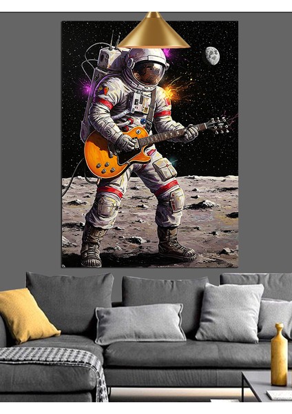 Ayda Gitar Çalan Astronot Dekoratif Kanvas - Mdf Ahşap Tablo fırsatları