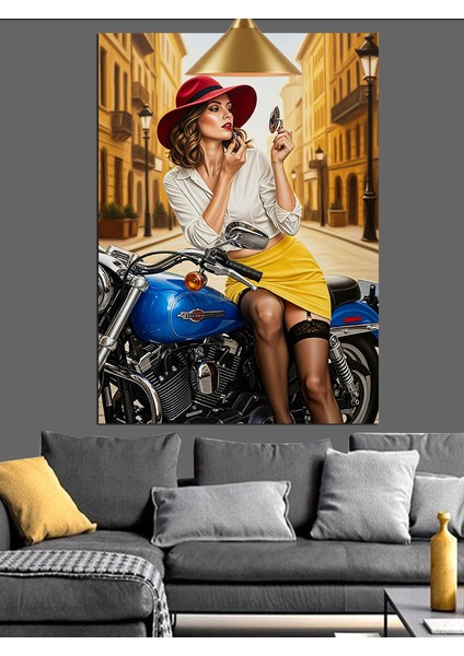 Motorda Oturmuş Makyaj Yapan Kırmızı Şapkalı Retro Kadın Dekoratif Kanvas - Mdf Ahşap Tablo
