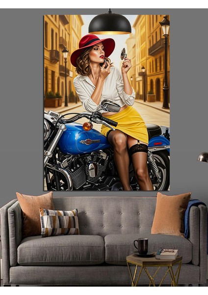 Motorda Oturmuş Makyaj Yapan Kırmızı Şapkalı Retro Kadın Dekoratif Kanvas - Mdf Ahşap Tablo modelleri