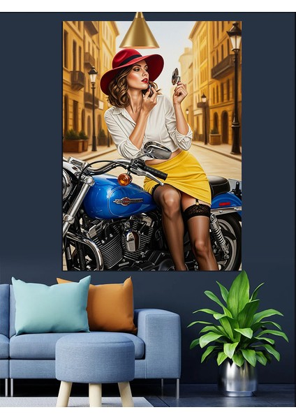 Motorda Oturmuş Makyaj Yapan Kırmızı Şapkalı Retro Kadın Dekoratif Kanvas - Mdf Ahşap Tablo fırsatları