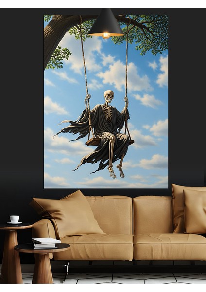 Salıncaktaki Iskelet Dekoratif Kanvas - Mdf Ahşap Tablo