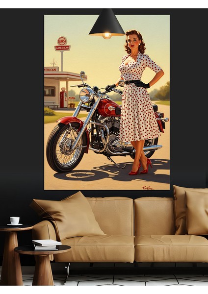 Motosikletli Kadın Vintage Stili Dekoratif Kanvas - Mdf Ahşap Tablo