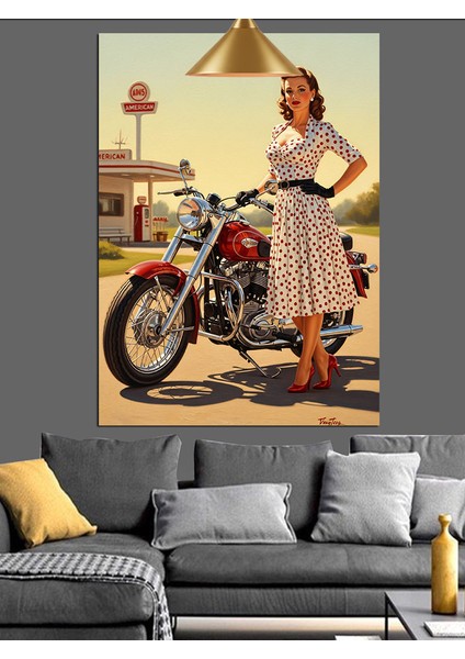 Motosikletli Kadın Vintage Stili Dekoratif Kanvas - Mdf Ahşap Tablo fiyatları