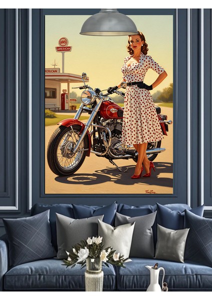 Motosikletli Kadın Vintage Stili Dekoratif Kanvas - Mdf Ahşap Tablo modelleri