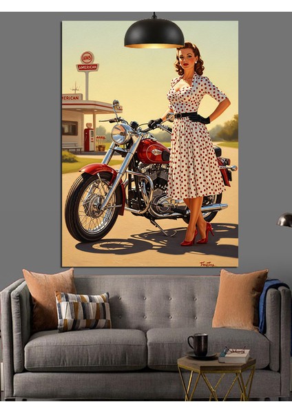 Motosikletli Kadın Vintage Stili Dekoratif Kanvas - Mdf Ahşap Tablo fırsatları