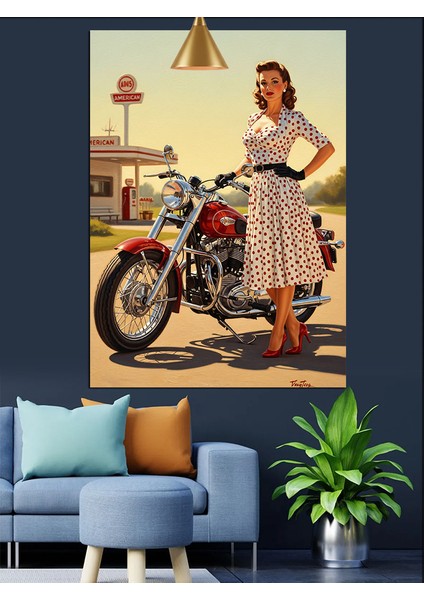 Motosikletli Kadın Vintage Stili Dekoratif Kanvas - Mdf Ahşap Tablo indirimleri