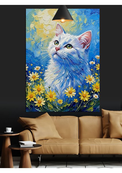 Beyaz Kedi Sarı Çiçekler Dekoratif Kanvas - Mdf Ahşap Tablo