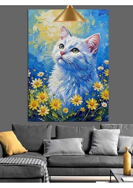 Beyaz Kedi Sarı Çiçekler Dekoratif Kanvas - Mdf Ahşap Tablo fiyatları