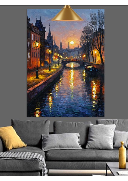 Gece Şehri Kanal Manzarası Dekoratif Kanvas - Mdf Ahşap Tablo