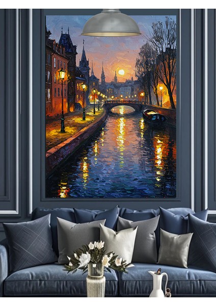 Gece Şehri Kanal Manzarası Dekoratif Kanvas - Mdf Ahşap Tablo fiyatları