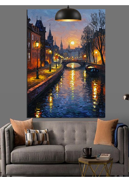 Gece Şehri Kanal Manzarası Dekoratif Kanvas - Mdf Ahşap Tablo modelleri