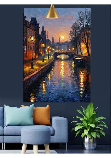 Gece Şehri Kanal Manzarası Dekoratif Kanvas - Mdf Ahşap Tablo fırsatları