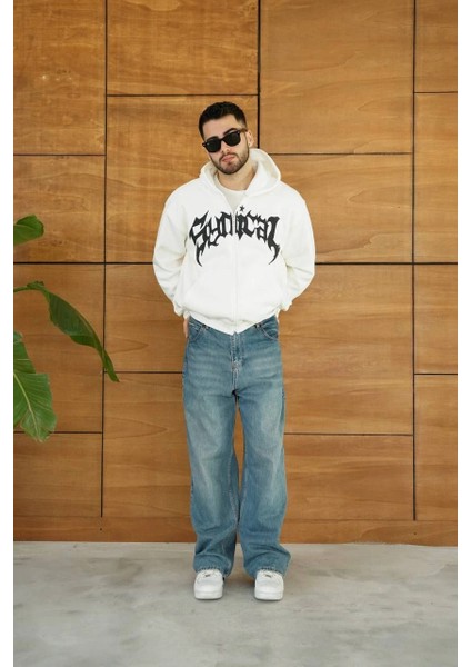 Erkek Kapüşonlu Sweatshirt Hoodie 3 Iplik Şardonlu Pamuklu Kumaş, Önü Baskılı, Fermuarlı Rahat Kalıp, Kışlık ve Sokak Stili Sweat - Beyaz indirimleri