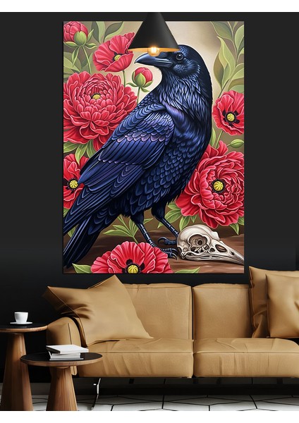 Pembe Çiçekler ve Karga Figürü Dekoratif Kanvas - Mdf Ahşap Tablo