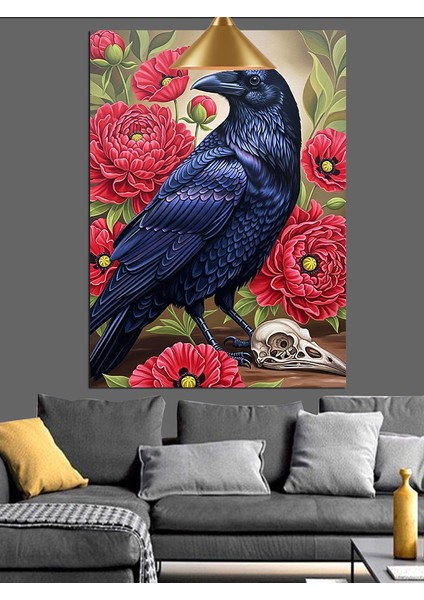 Pembe Çiçekler ve Karga Figürü Dekoratif Kanvas - Mdf Ahşap Tablo fiyatları