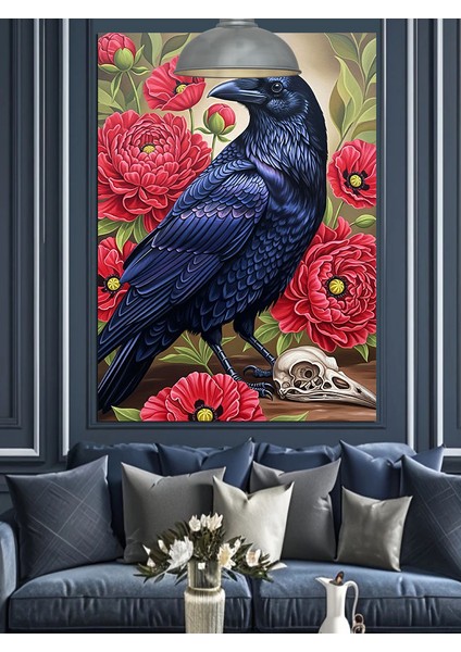 Pembe Çiçekler ve Karga Figürü Dekoratif Kanvas - Mdf Ahşap Tablo modelleri