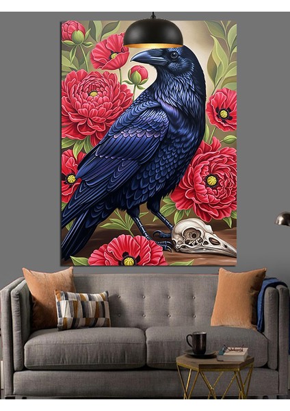 Pembe Çiçekler ve Karga Figürü Dekoratif Kanvas - Mdf Ahşap Tablo fırsatları