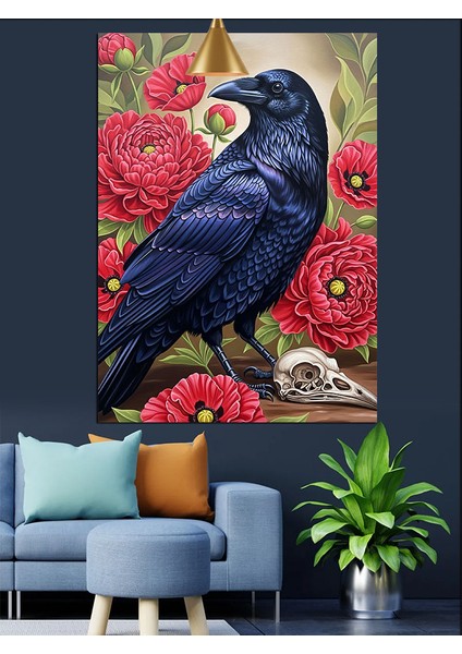 Pembe Çiçekler ve Karga Figürü Dekoratif Kanvas - Mdf Ahşap Tablo indirimleri
