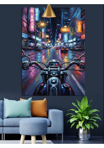 Motorcu Sibernetik Şehir Gece Neon Dekoratif Kanvas - Mdf Ahşap Tablo