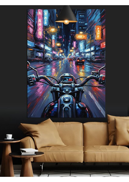 Motorcu Sibernetik Şehir Gece Neon Dekoratif Kanvas - Mdf Ahşap Tablo fiyatları