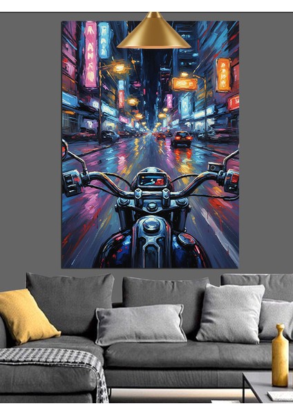 Motorcu Sibernetik Şehir Gece Neon Dekoratif Kanvas - Mdf Ahşap Tablo modelleri