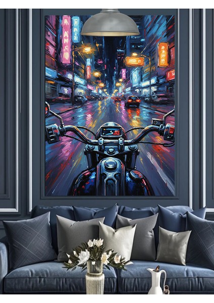 Motorcu Sibernetik Şehir Gece Neon Dekoratif Kanvas - Mdf Ahşap Tablo fırsatları