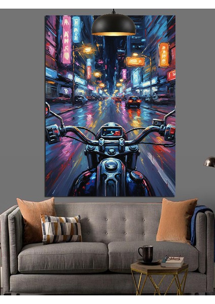 Motorcu Sibernetik Şehir Gece Neon Dekoratif Kanvas - Mdf Ahşap Tablo indirimleri