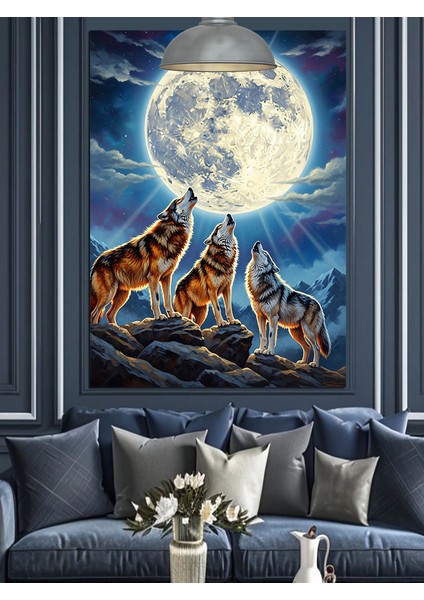 Uluyan Kurtlar Ay Gece Dağ Dekoratif Kanvas - Mdf Ahşap Tablo