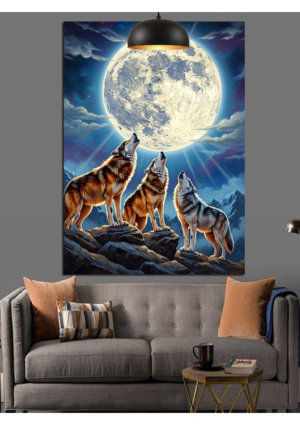 Uluyan Kurtlar Ay Gece Dağ Dekoratif Kanvas - Mdf Ahşap Tablo fiyatları
