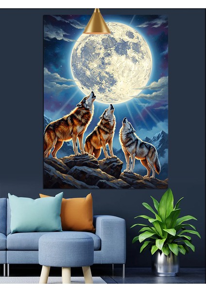 Uluyan Kurtlar Ay Gece Dağ Dekoratif Kanvas - Mdf Ahşap Tablo modelleri
