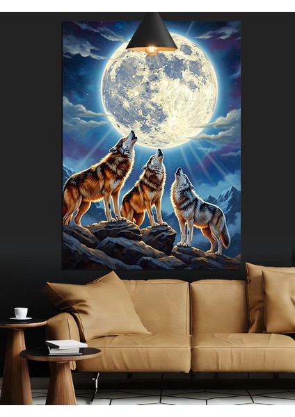 Uluyan Kurtlar Ay Gece Dağ Dekoratif Kanvas - Mdf Ahşap Tablo fırsatları