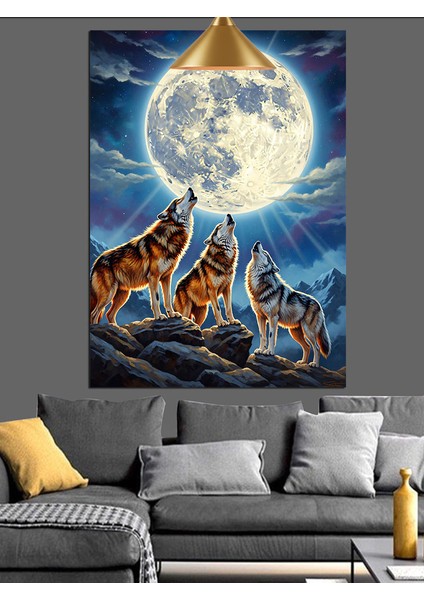 Uluyan Kurtlar Ay Gece Dağ Dekoratif Kanvas - Mdf Ahşap Tablo indirimleri