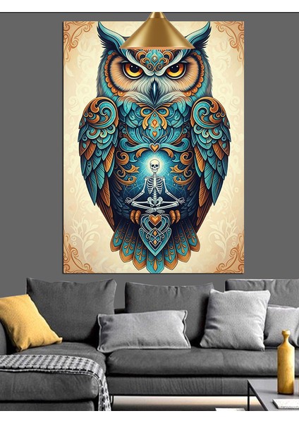 Mavi Detaylı Baykuş Sanatı Dekoratif Kanvas - Mdf Ahşap Tablo