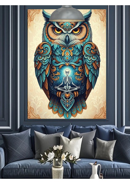 Mavi Detaylı Baykuş Sanatı Dekoratif Kanvas - Mdf Ahşap Tablo fiyatları