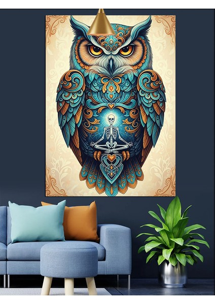 Mavi Detaylı Baykuş Sanatı Dekoratif Kanvas - Mdf Ahşap Tablo fırsatları