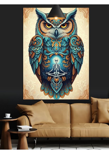 Mavi Detaylı Baykuş Sanatı Dekoratif Kanvas - Mdf Ahşap Tablo indirimleri