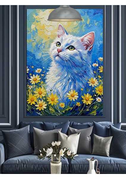 Beyaz Kedi Sarı Çiçekler Dekoratif Kanvas - Mdf Ahşap Tablo modelleri