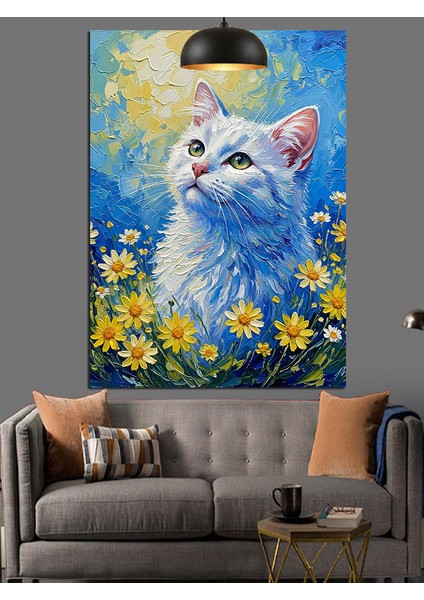 Beyaz Kedi Sarı Çiçekler Dekoratif Kanvas - Mdf Ahşap Tablo fırsatları