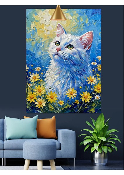 Beyaz Kedi Sarı Çiçekler Dekoratif Kanvas - Mdf Ahşap Tablo indirimleri