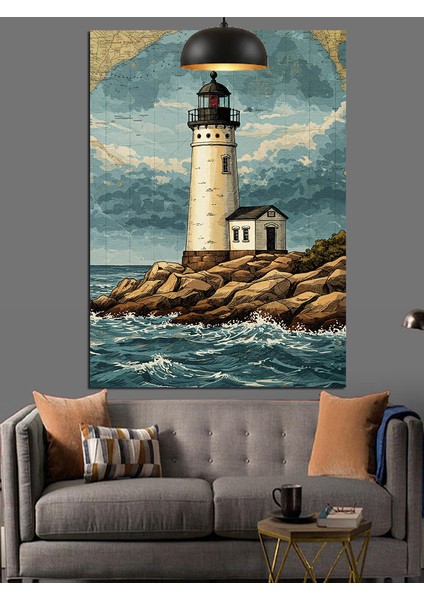 Kayalık Sahildeki Deniz Feneri ve Deniz Dekoratif Kanvas - Mdf Ahşap Tablo