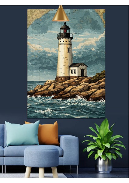 Kayalık Sahildeki Deniz Feneri ve Deniz Dekoratif Kanvas - Mdf Ahşap Tablo fiyatları