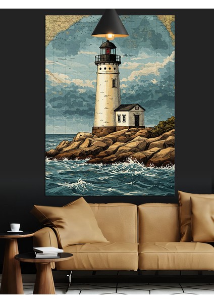 Kayalık Sahildeki Deniz Feneri ve Deniz Dekoratif Kanvas - Mdf Ahşap Tablo modelleri