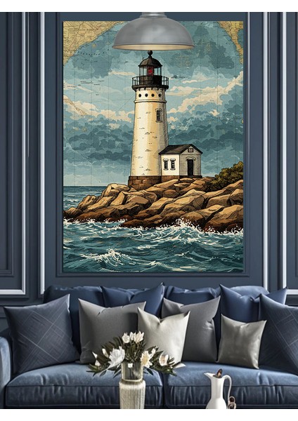 Kayalık Sahildeki Deniz Feneri ve Deniz Dekoratif Kanvas - Mdf Ahşap Tablo indirimleri