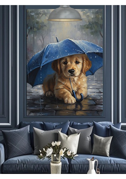 Yağmur Altında Şemsiyeli Yavru Köpek Dekoratif Kanvas - Mdf Ahşap Tablo fiyatları